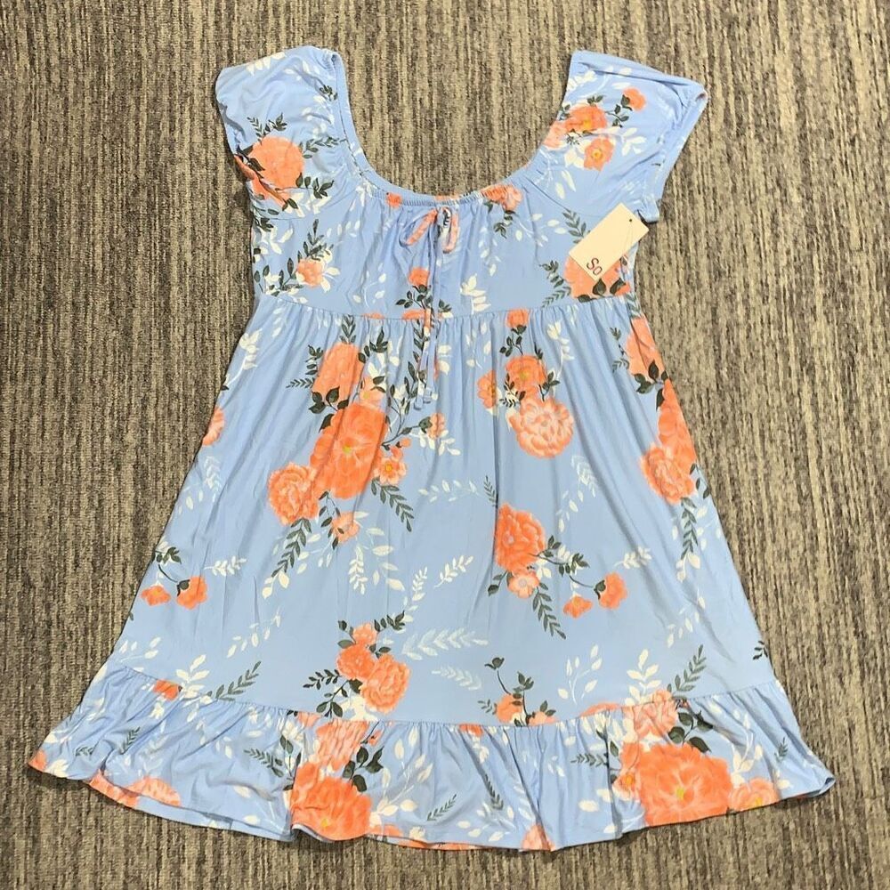 SO Womens Size‎ Large Babydoll Peasant Bow Mini Dress Blue Orange Floral NWT